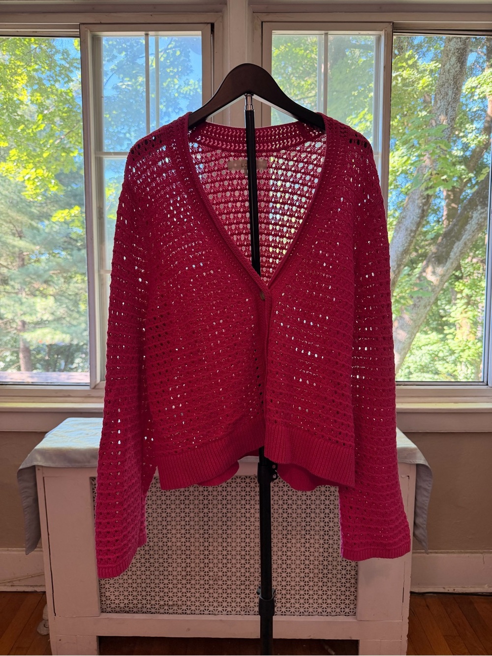 LOFT Open-Knit Button Cardigan - Fuchsia Pink